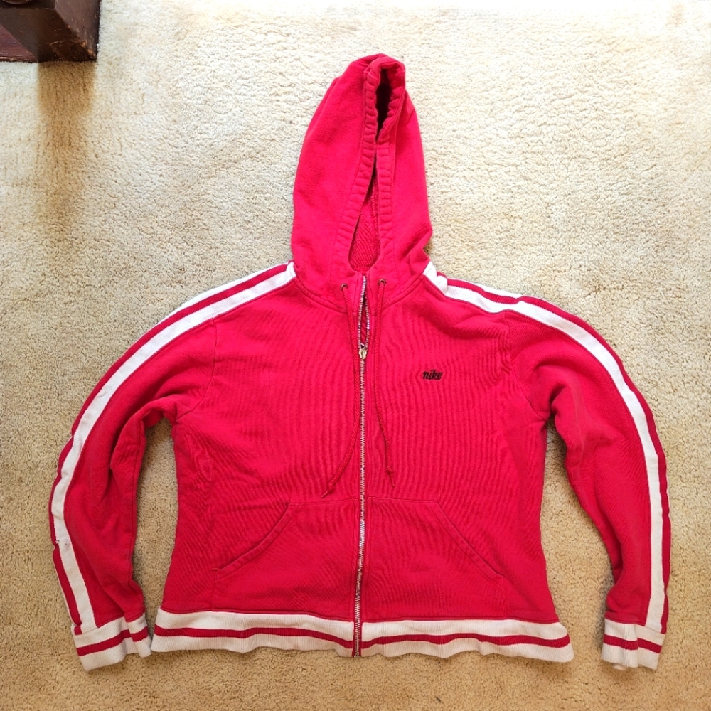 Y2K Nike Silver Tag Baby Tee Fit Full Zip Up Red Hoodie Jacket w White Stripes.
